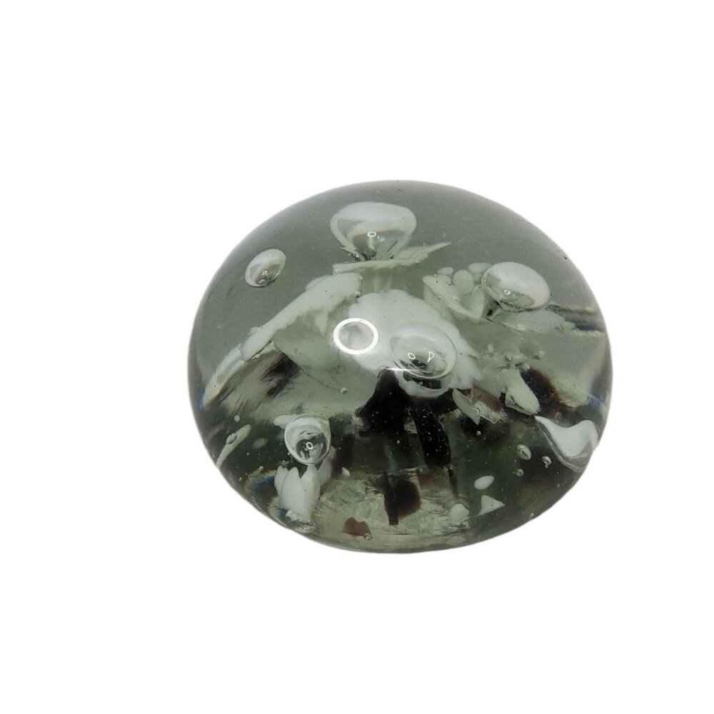vintage 1960's hand blown art glass paperweight with white flowers, brown flecks